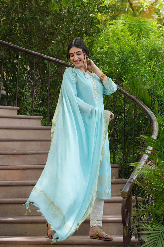Juniper Sky Blue Georgette Festive Printed Straight Kurta Dupatta Set For Women | Swadesiicart