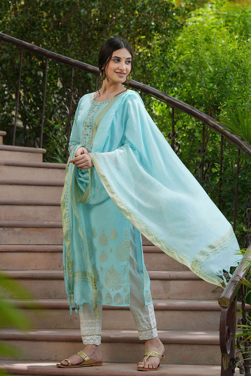 Juniper Sky Blue Georgette Festive Printed Straight Kurta Dupatta Set For Women | Swadesiicart