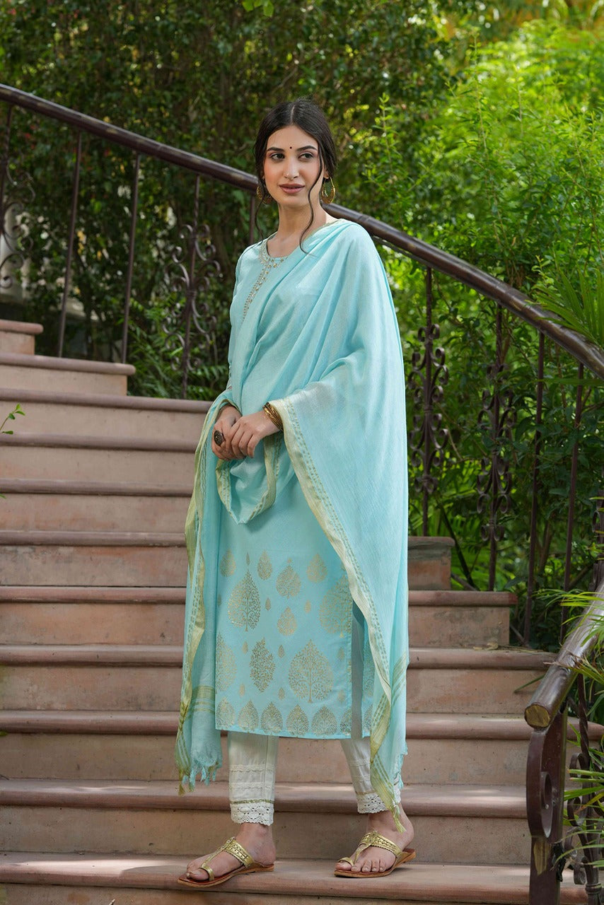 Juniper Sky Blue Georgette Festive Printed Straight Kurta Dupatta Set For Women | Swadesiicart