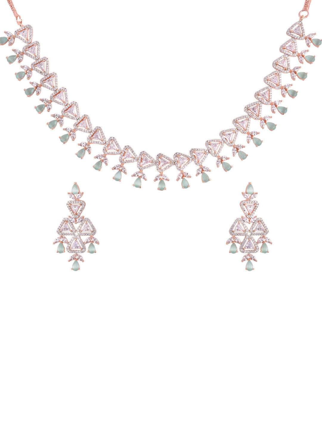Saraf RS Jewellery Rose Gold-Polished White & Sea Green AD-Studded Handcrafted Jewellery Set - Swadesiicart