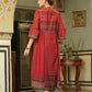 Juniper Red Georgette Festive Printed Flared Dress For Women | Swadesiicart