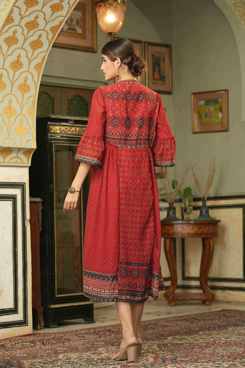 Juniper Red Georgette Festive Printed Flared Dress For Women | Swadesiicart