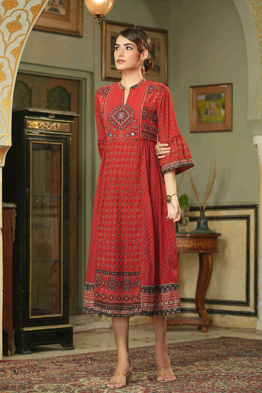 Juniper Red Georgette Festive Printed Flared Dress For Women | Swadesiicart