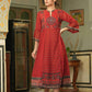 Juniper Red Georgette Festive Printed Flared Dress For Women | Swadesiicart