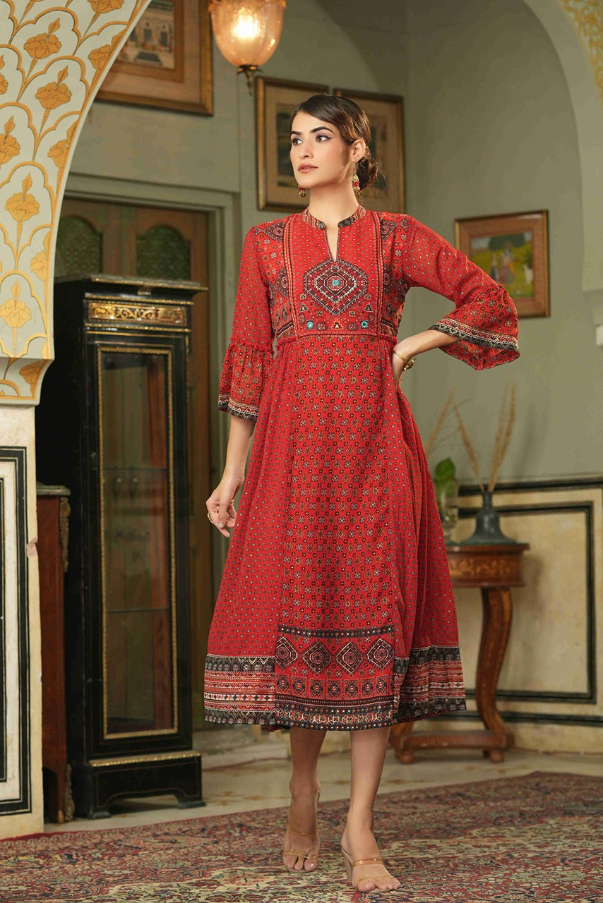 Juniper Red Georgette Festive Printed Flared Dress For Women | Swadesiicart