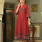 Juniper Red Georgette Festive Printed Flared Dress For Women | Swadesiicart