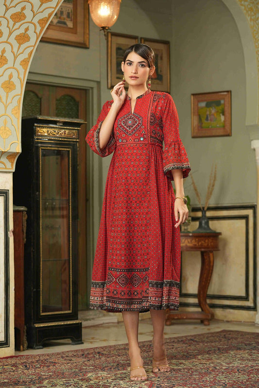 Juniper Red Georgette Festive Printed Flared Dress For Women | Swadesiicart