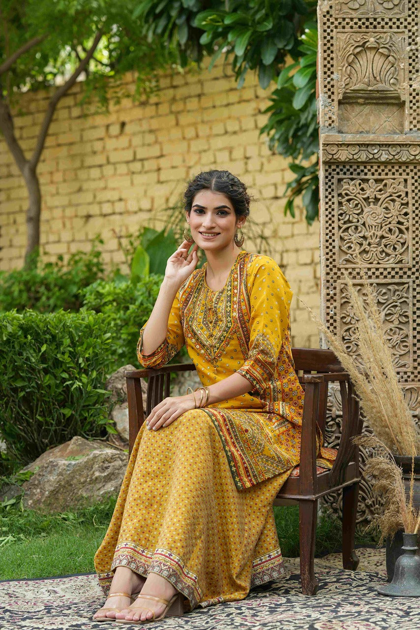 Juniper Mustard Chanderi Festive Printed Flared Kurta For Women - Swadesiicart