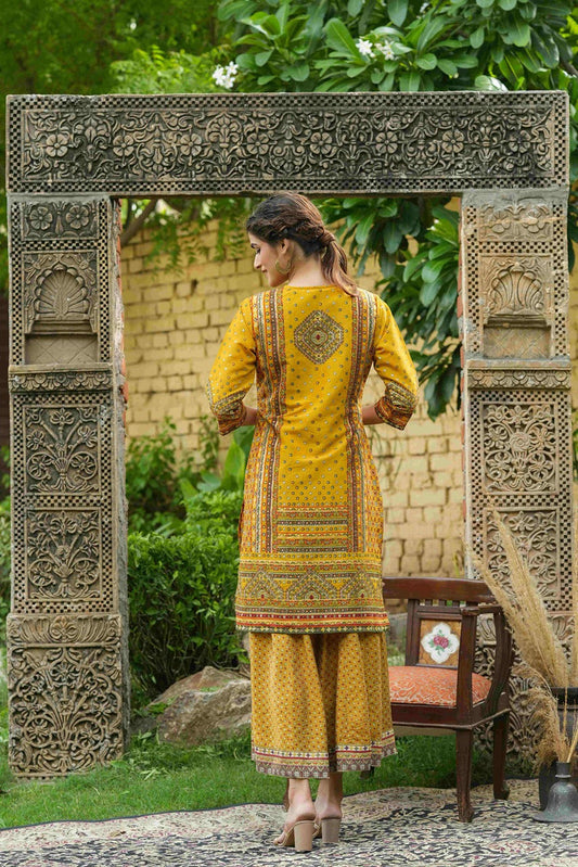 Juniper Mustard Chanderi Festive Printed Flared Kurta For Women - Swadesiicart