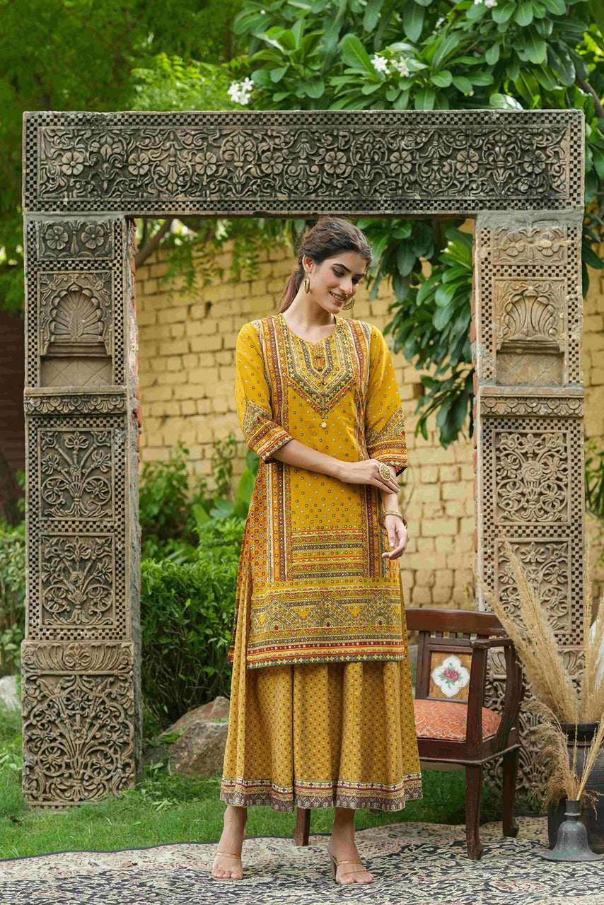 Juniper Mustard Chanderi Festive Printed Flared Kurta For Women - Swadesiicart