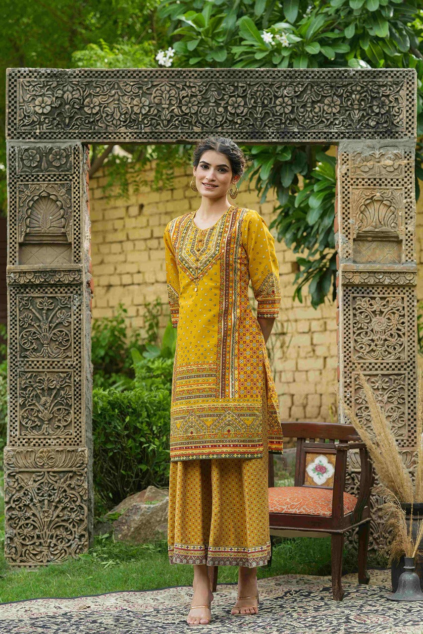Juniper Mustard Chanderi Festive Printed Flared Kurta For Women - Swadesiicart