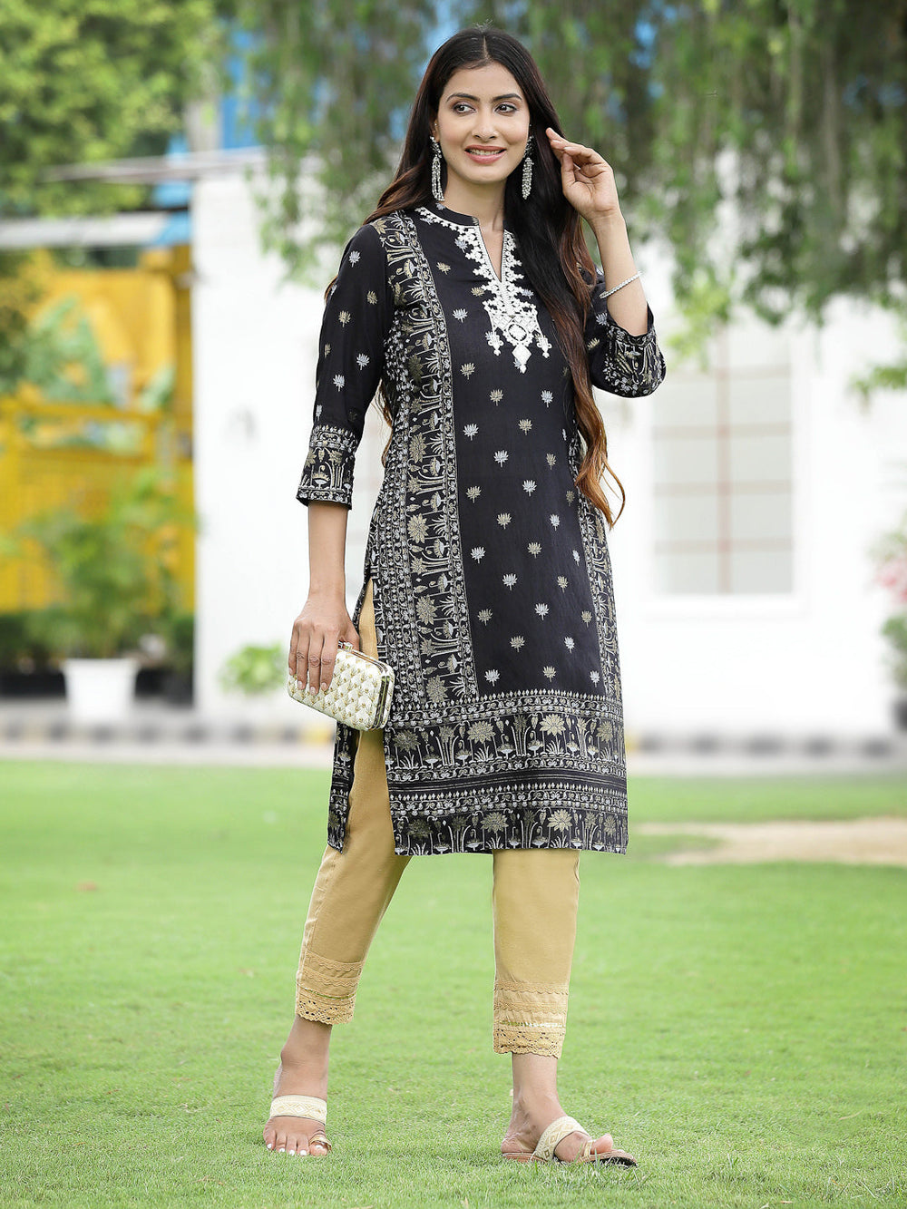 Juniper Women Black Rayon Festive Embroidered Straight Kurta | Swadesiicart