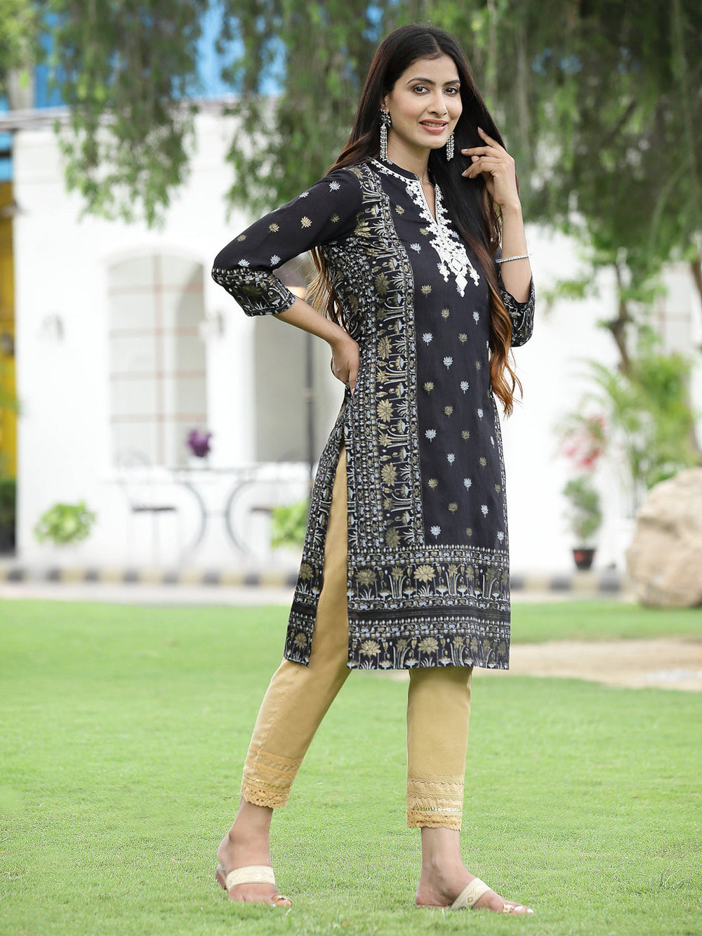 Juniper Women Black Rayon Festive Embroidered Straight Kurta | Swadesiicart