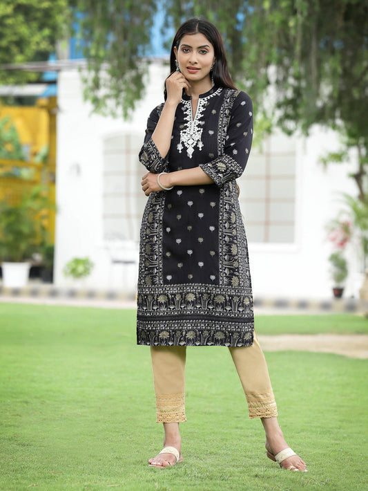 Juniper Women Black Rayon Festive Embroidered Straight Kurta | Swadesiicart