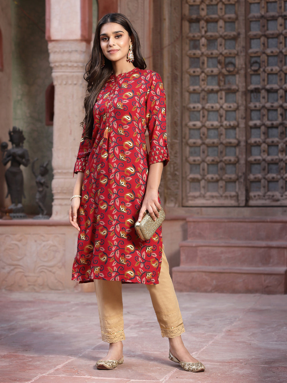 Juniper Women's Red Muslin Printed Straight Kurta | Swadesiicart