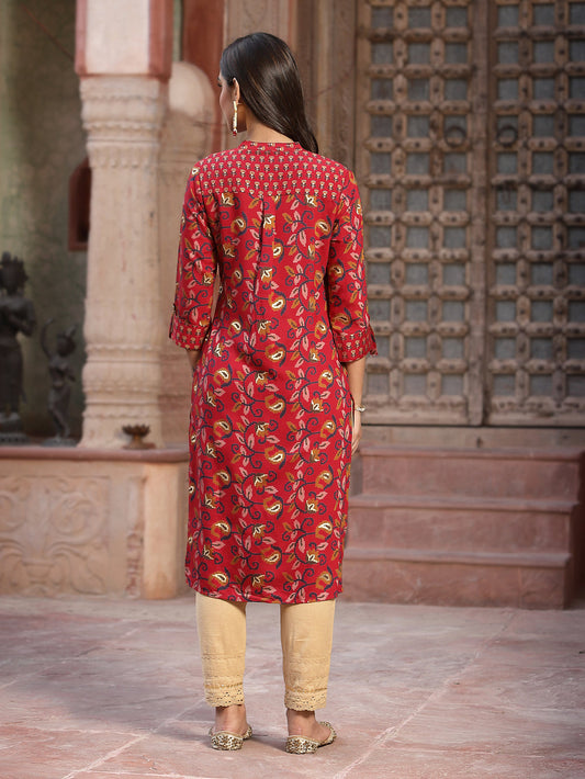 Juniper Women's Red Muslin Printed Straight Kurta | Swadesiicart