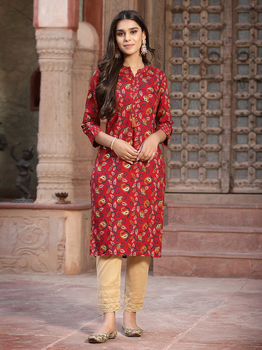 Juniper Women's Red Muslin Printed Straight Kurta | Swadesiicart