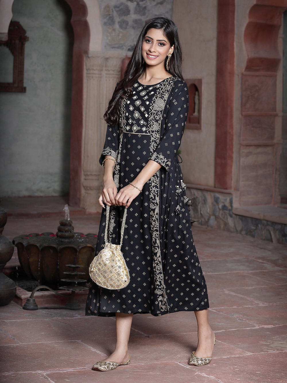 Juniper Women's Black Rayon Printed Embroidered Flared Dress | Swadesiicart