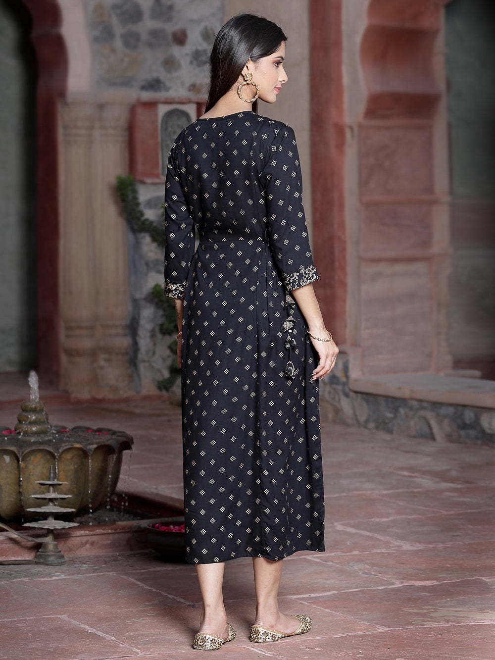 Juniper Women's Black Rayon Printed Embroidered Flared Dress | Swadesiicart
