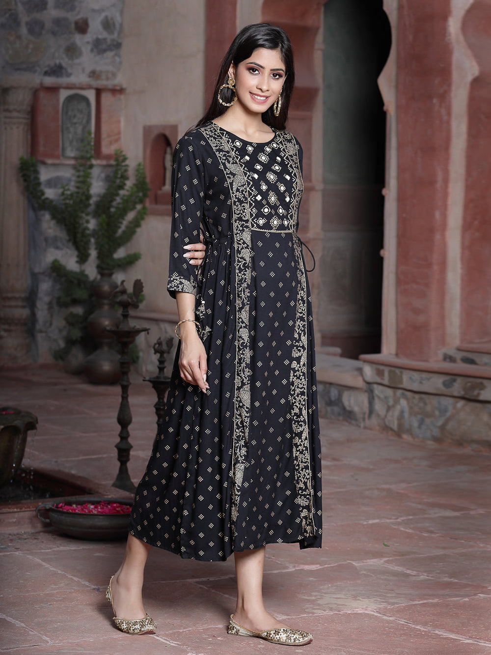 Juniper Women's Black Rayon Printed Embroidered Flared Dress | Swadesiicart