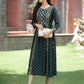 Juniper Bottle Green Rayon Festive Printed Embroidered Flared Dress For Women | Swadesiicart