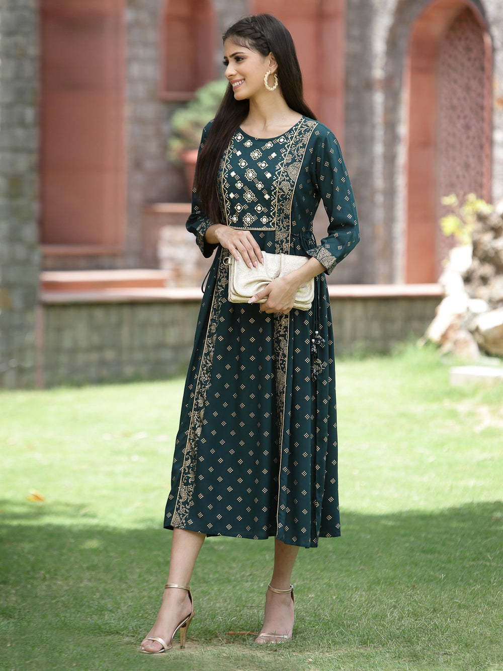 Juniper Bottle Green Rayon Festive Printed Embroidered Flared Dress For Women | Swadesiicart