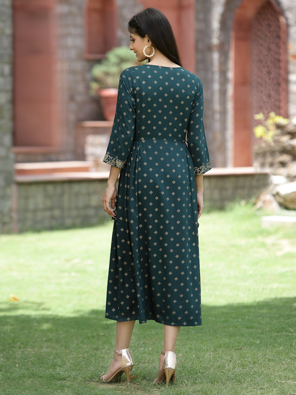 Juniper Bottle Green Rayon Festive Printed Embroidered Flared Dress For Women | Swadesiicart