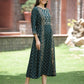 Juniper Bottle Green Rayon Festive Printed Embroidered Flared Dress For Women | Swadesiicart