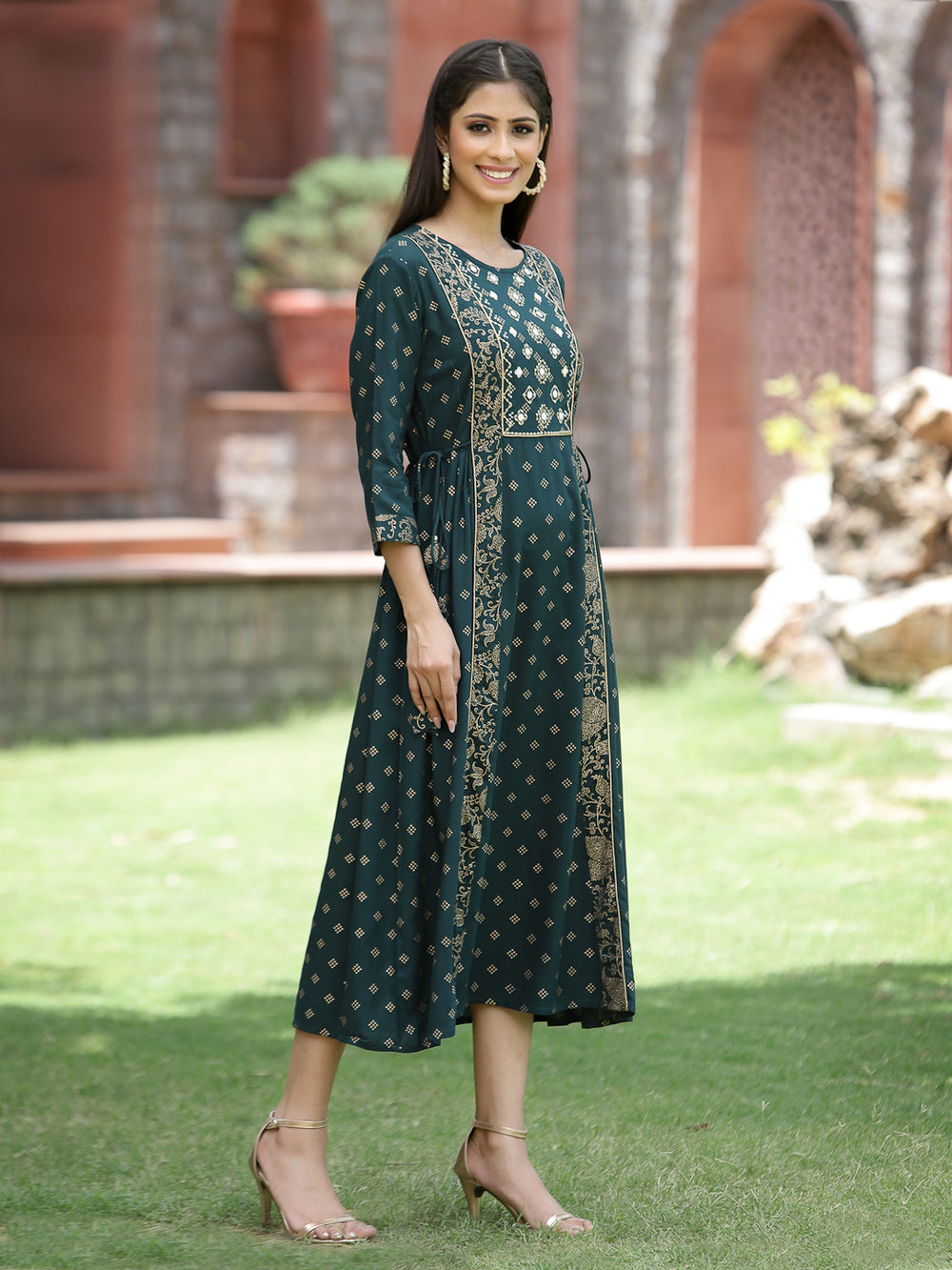 Juniper Bottle Green Rayon Festive Printed Embroidered Flared Dress For Women | Swadesiicart