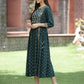 Juniper Bottle Green Rayon Festive Printed Embroidered Flared Dress For Women | Swadesiicart