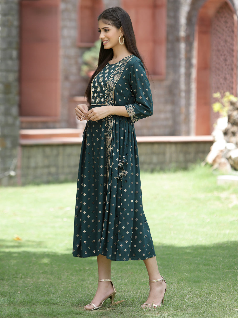 Juniper Bottle Green Rayon Festive Printed Embroidered Flared Dress For Women | Swadesiicart