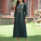 Juniper Bottle Green Rayon Festive Printed Embroidered Flared Dress For Women | Swadesiicart