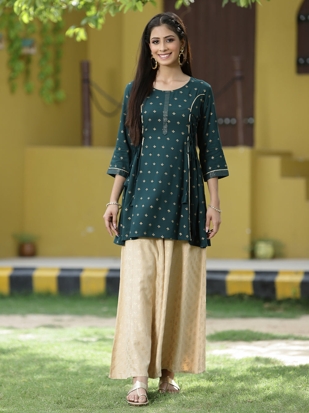Juniper Green Rayon Festive Printed A-Line Tunic For Women | Swadesiicart