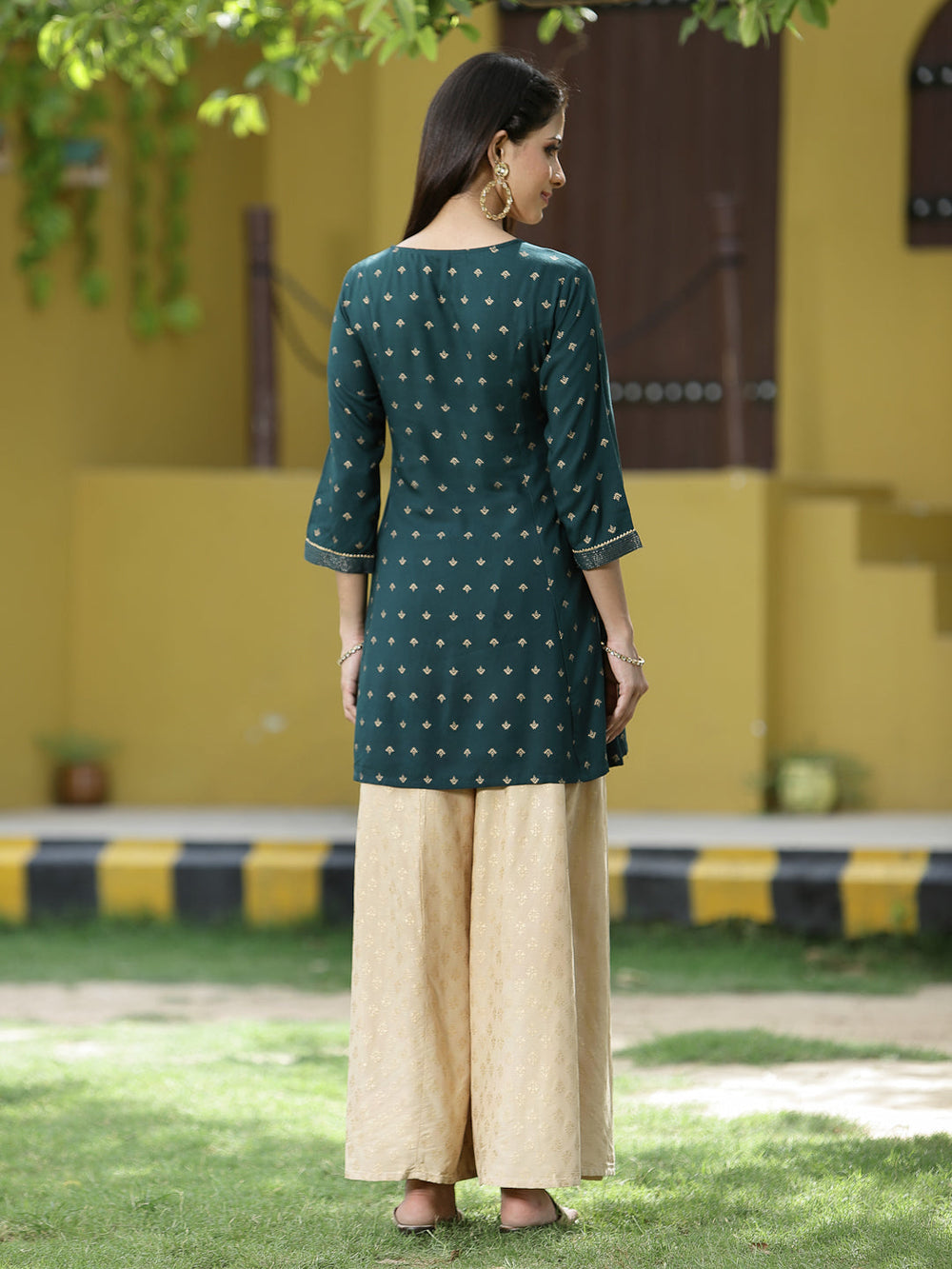 Juniper Green Rayon Festive Printed A-Line Tunic For Women | Swadesiicart