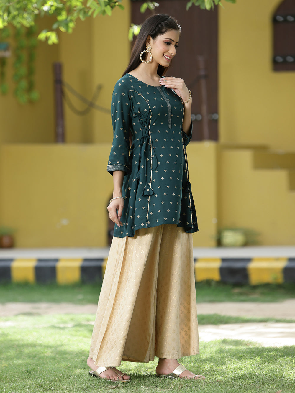 Juniper Green Rayon Festive Printed A-Line Tunic For Women | Swadesiicart