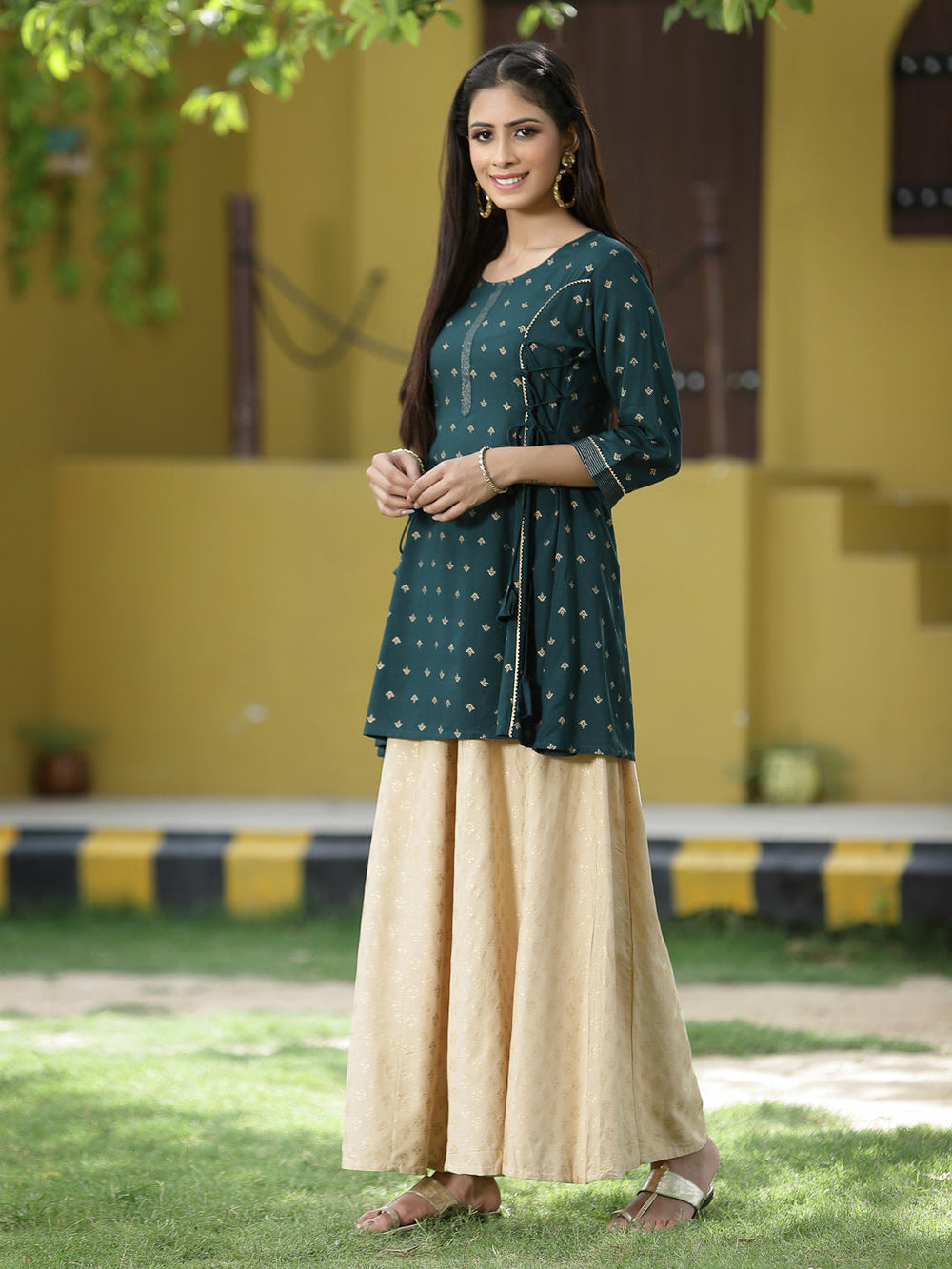 Juniper Green Rayon Festive Printed A-Line Tunic For Women | Swadesiicart