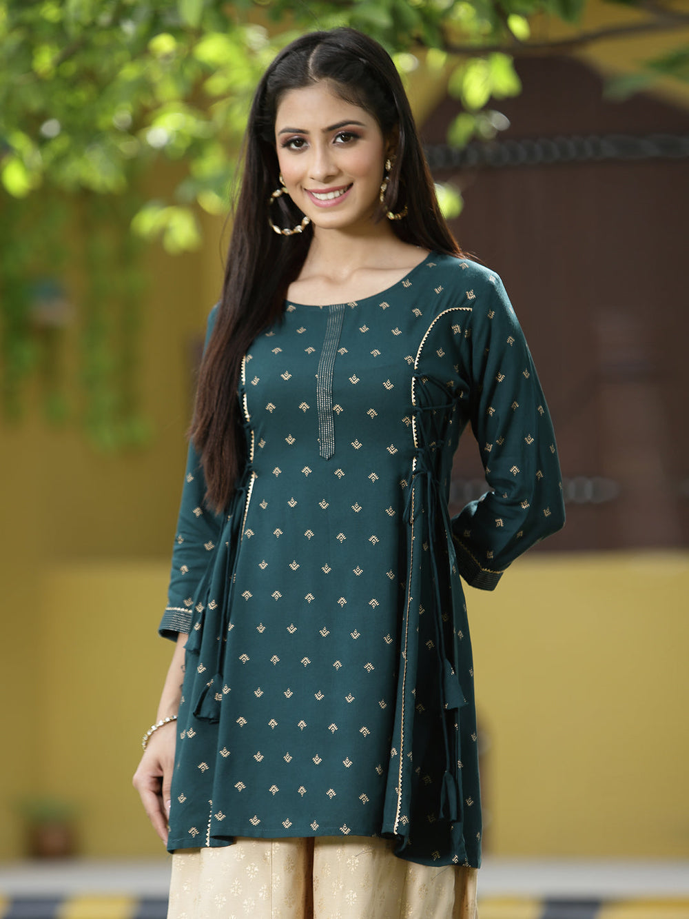 Juniper Green Rayon Festive Printed A-Line Tunic For Women | Swadesiicart