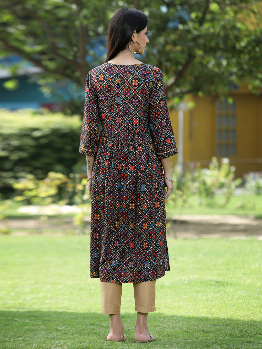 Juniper Black Rayon Festive Printed Flared Kurta For Women - Swadesiicart