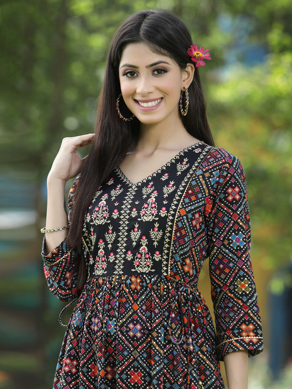 Juniper Black Rayon Festive Printed Flared Kurta For Women - Swadesiicart
