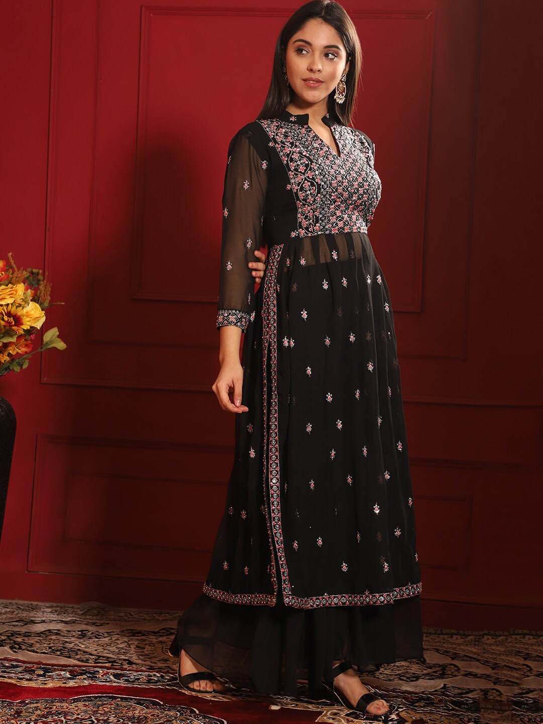 Kalini Embroidered Pleated Thread Work Kurta with Sharara | Swadesiicart