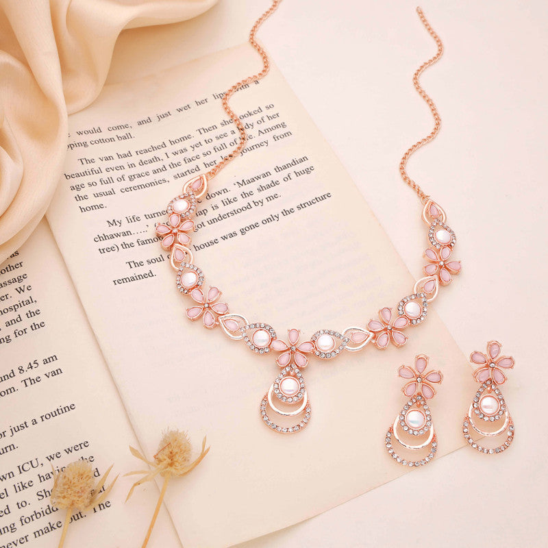 Tehzeeb Creations Rose Gold-Polished Baby Pink Colour Necklace With Stud - Swadesiicart