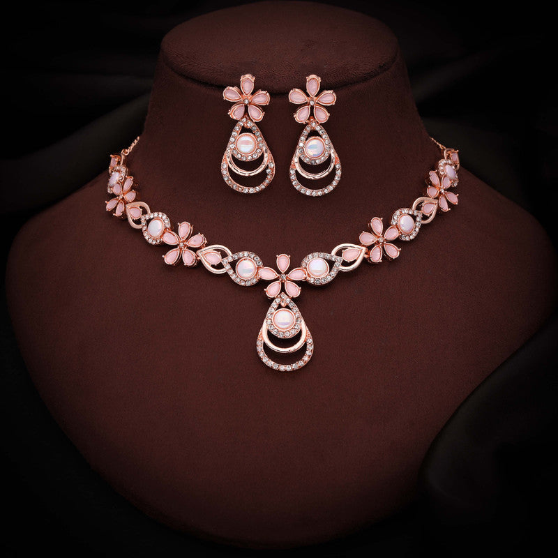 Tehzeeb Creations Rose Gold-Polished Baby Pink Colour Necklace With Stud - Swadesiicart
