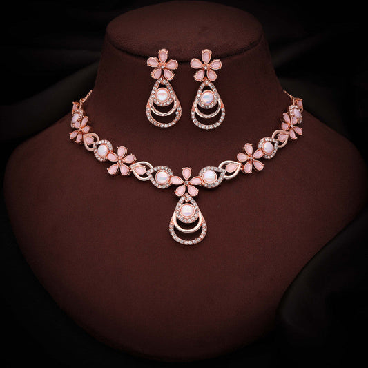 Tehzeeb Creations Rose Gold-Polished Baby Pink Colour Necklace With Stud - Swadesiicart