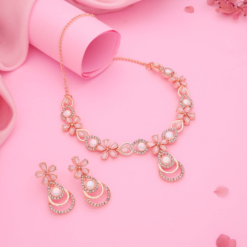 Tehzeeb Creations Rose Gold-Polished Baby Pink Colour Necklace With Stud - Swadesiicart