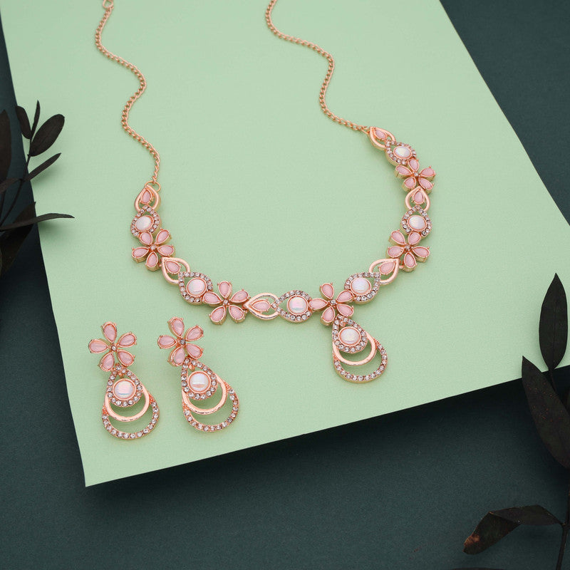 Tehzeeb Creations Rose Gold-Polished Baby Pink Colour Necklace With Stud - Swadesiicart