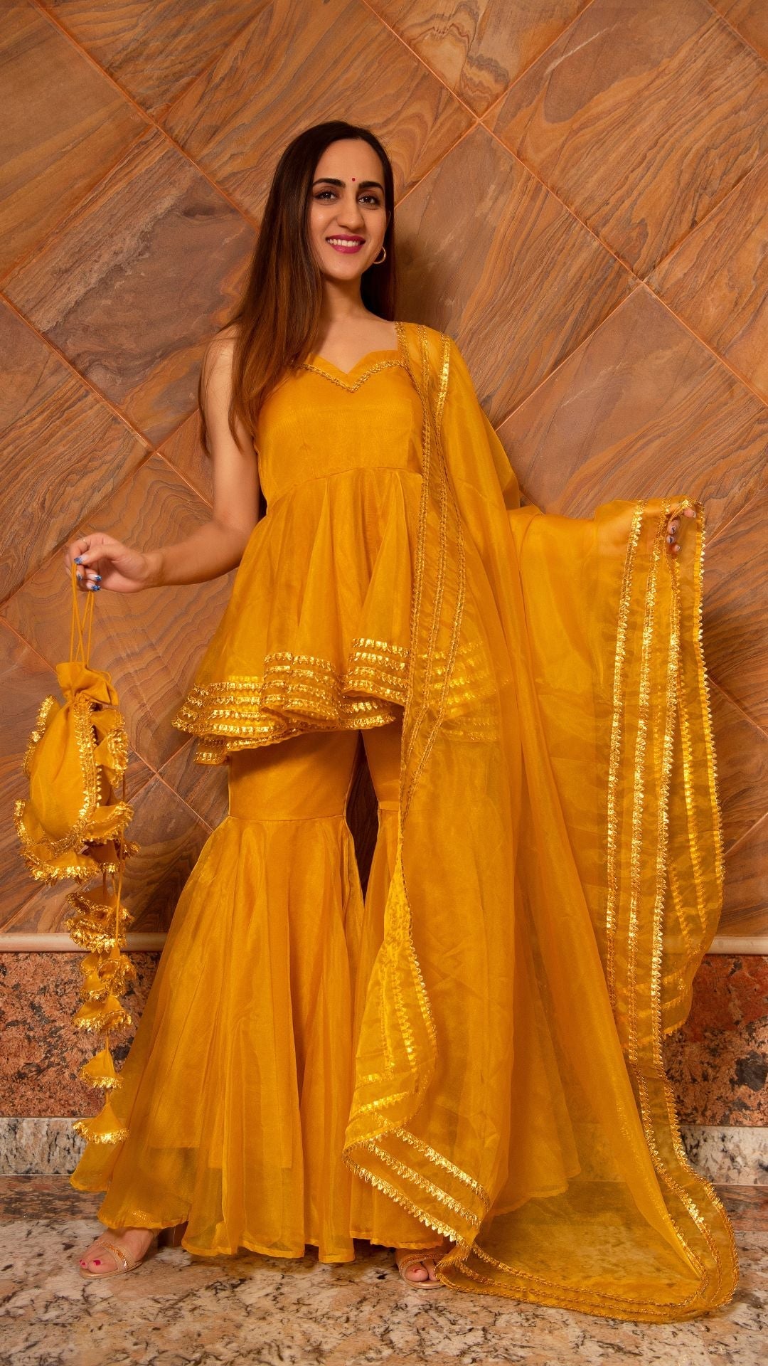 Pomcha Jaipur Murat Mustard Organza Sharara Set | Swadesiicart