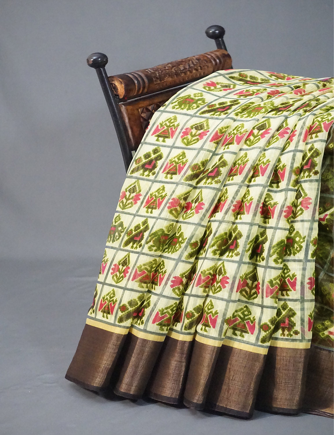 Shades of Light Apple Green And Dark Mehndi Green Colour Blouse Ikat Design Semi Chanderi Saree By Gayathri Reddy Designer Studio | Swadesiicart