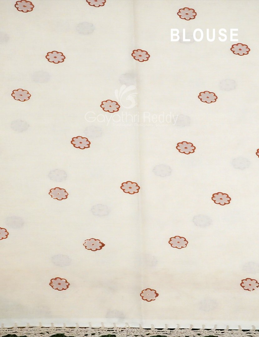 Cream Colour Peacock Block Print Crocia Mulmul Cotton Saree By Gayathri Reddy Designer Studio | Swadesiicart