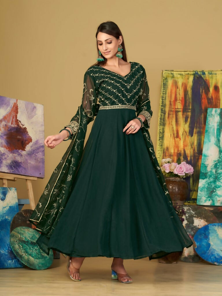 Jyoti Fashion Women's Bottle Green Georgette Embroidered Anarkali Kurta Pant Set With Dupatta | Swadesiicart
