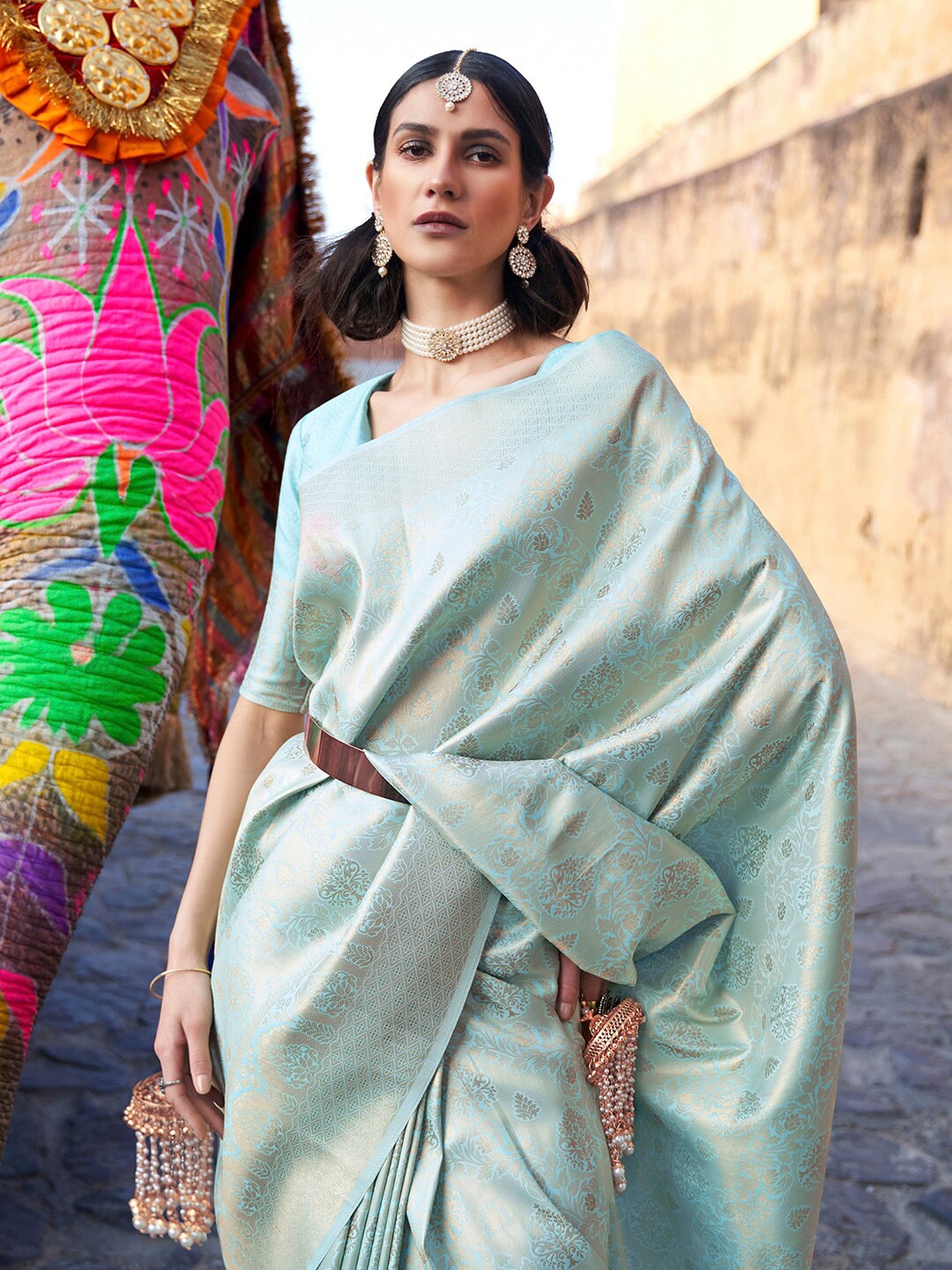 Mitera Women Turquoise Blue Ethnic Motifs Silk Blend Banarasi Saree | Swadesiicart
